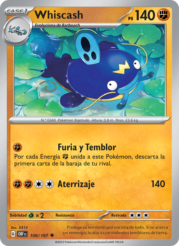 Whiscash 109 — Obsidian Flames (Spanish Pokémon TCG card)
