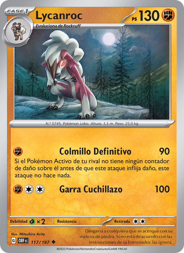 Lycanroc 117 — Obsidian Flames (Spanish Pokémon TCG card)