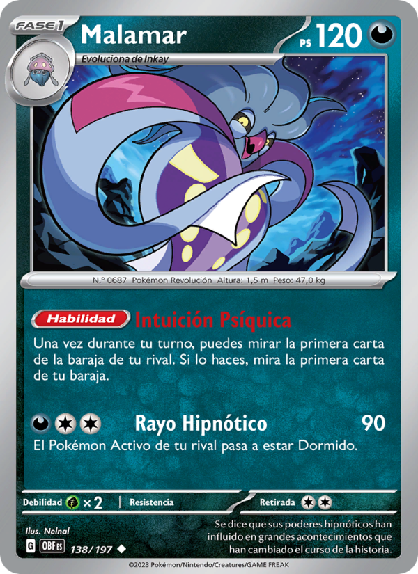 Malamar 138 — Obsidian Flames (Spanish Pokémon TCG card)