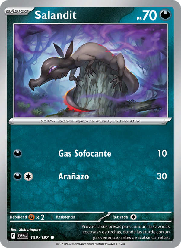 Salandit 139 — Obsidian Flames (Spanish Pokémon TCG card)