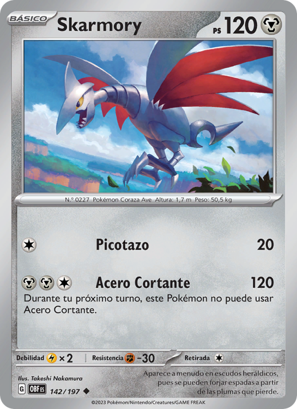 Skarmory 142 — Obsidian Flames (Spanish Pokémon TCG card)