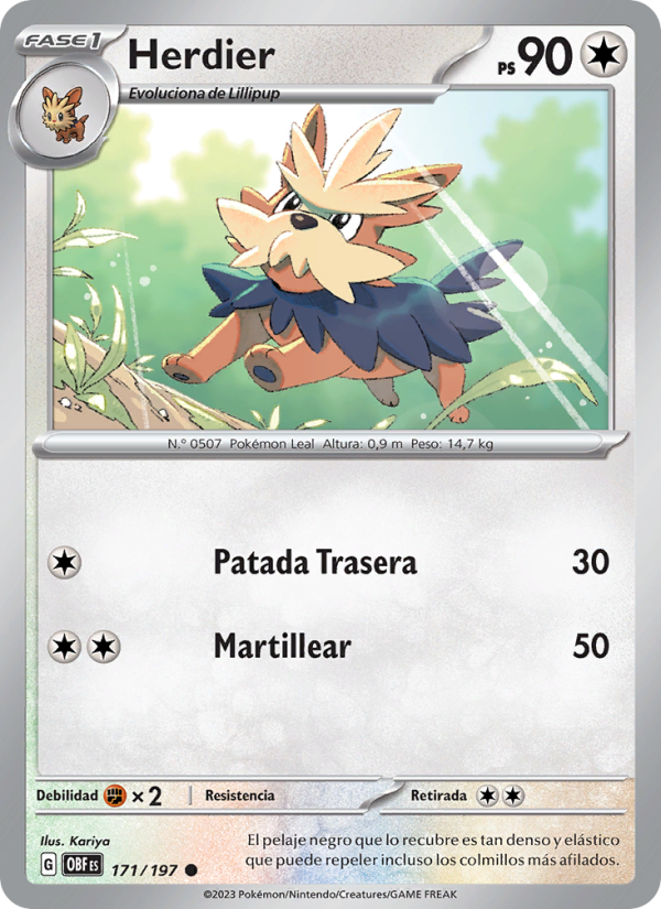 Herdier 171 — Obsidian Flames (Spanish Pokémon TCG card)