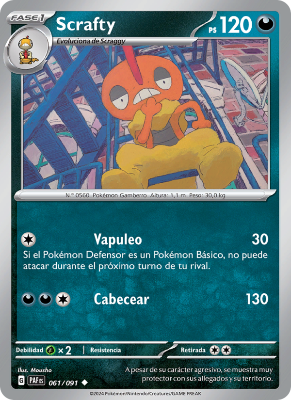 Scrafty 061 — Paldeas Schicksale (Spanish Pokémon TCG card)