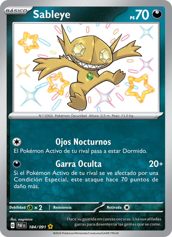 Sableye 184 — Paldeas Schicksale (Spanish Pokémon TCG card)