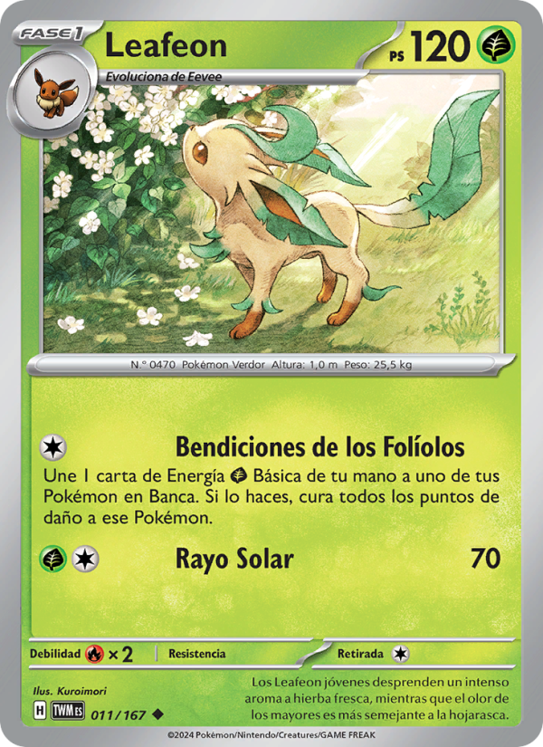 Leafeon 011 — Twilight Masquerade (Spanish Pokémon TCG card)