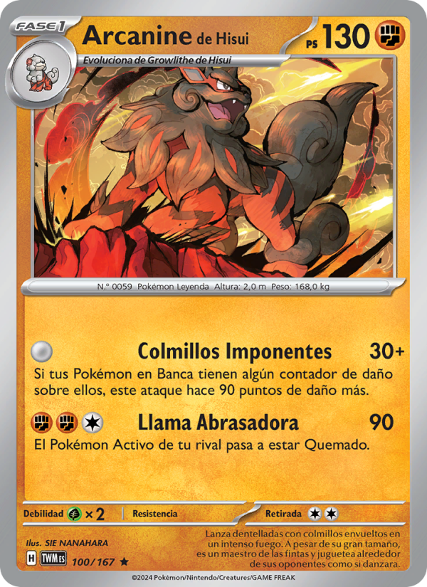 Arcanine de Hisui 100 — Twilight Masquerade (Spanish Pokémon TCG card)
