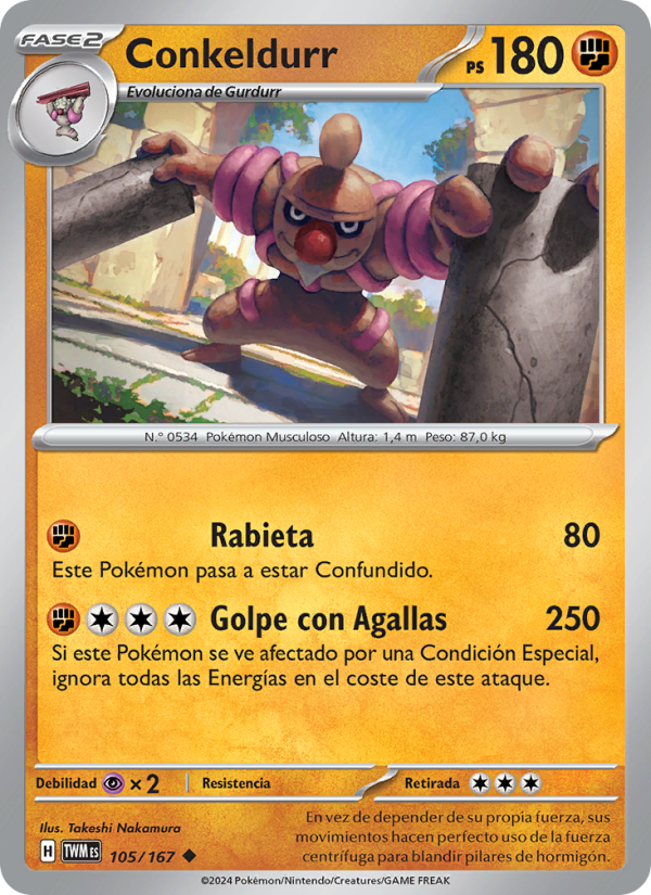 Conkeldurr 105 — Twilight Masquerade (Spanish Pokémon TCG card)