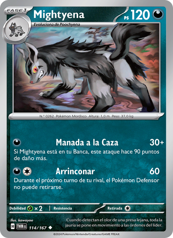 Mightyena 114 — Twilight Masquerade (Spanish Pokémon TCG card)