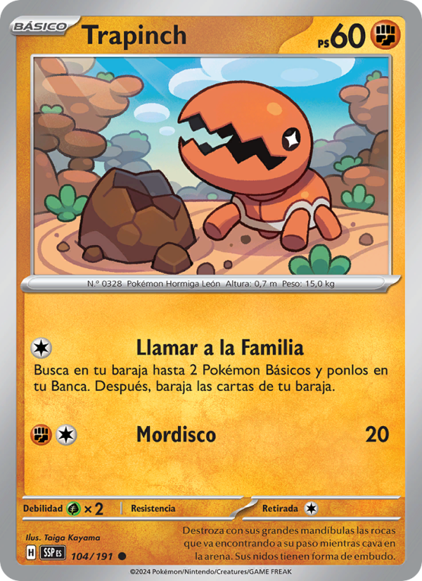 Trapinch 104 — Surging Sparks (Spanish Pokémon TCG card)