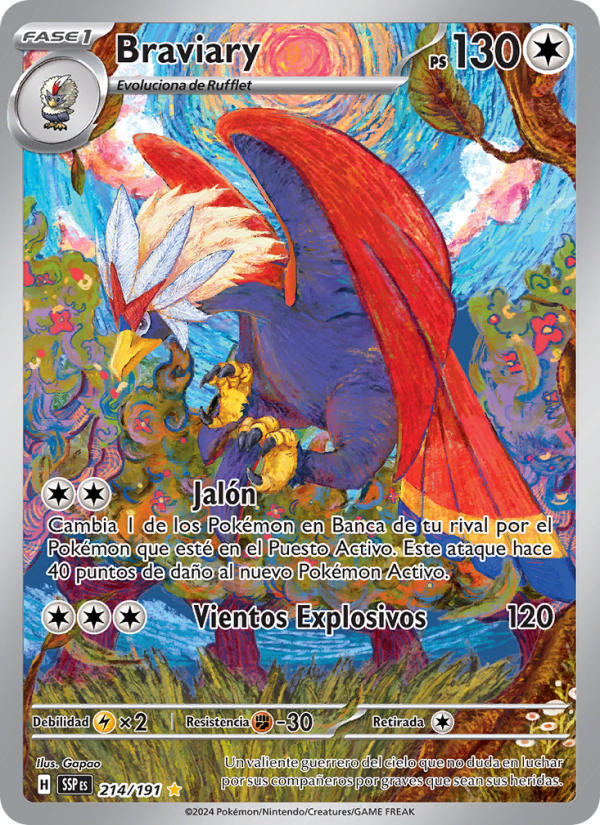 Braviary 214 — Surging Sparks (Spanish Pokémon TCG card)