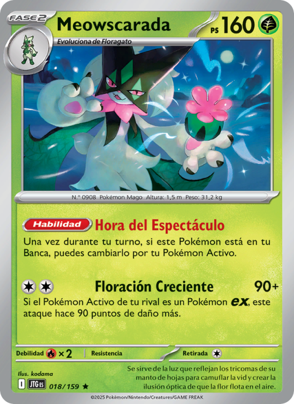 Meowscarada 018 — Journey Together (Spanish Pokémon TCG card)