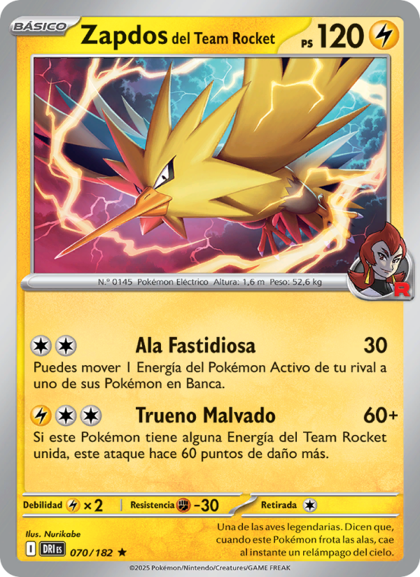 Zapdos del Team Rocket 070 — Destined Rivals (Spanish Pokémon TCG card)