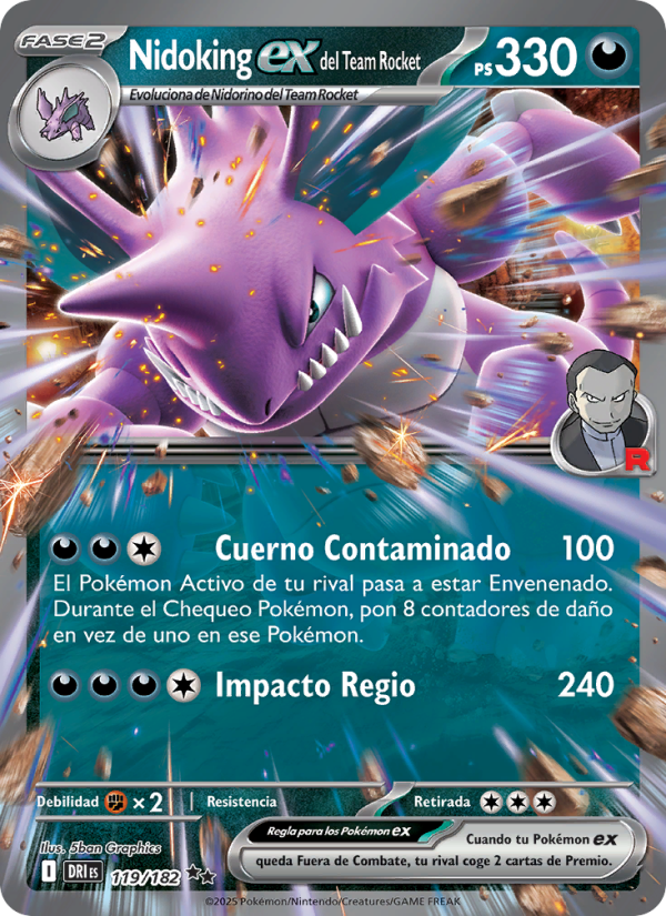 Nidoking ex del Team Rocket 119 — Destined Rivals (Spanish Pokémon TCG card)