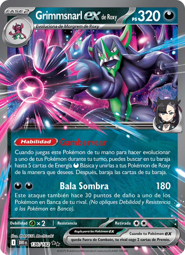 Grimmsnarl ex de Roxy 136 — Destined Rivals (Spanish Pokémon TCG card)
