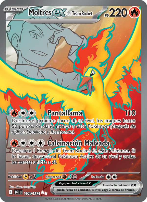 Moltres ex del Team Rocket 208 — Destined Rivals (Spanish Pokémon TCG card)