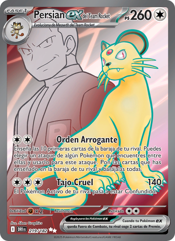 Persian ex del Team Rocket 219 — Destined Rivals (Spanish Pokémon TCG card)