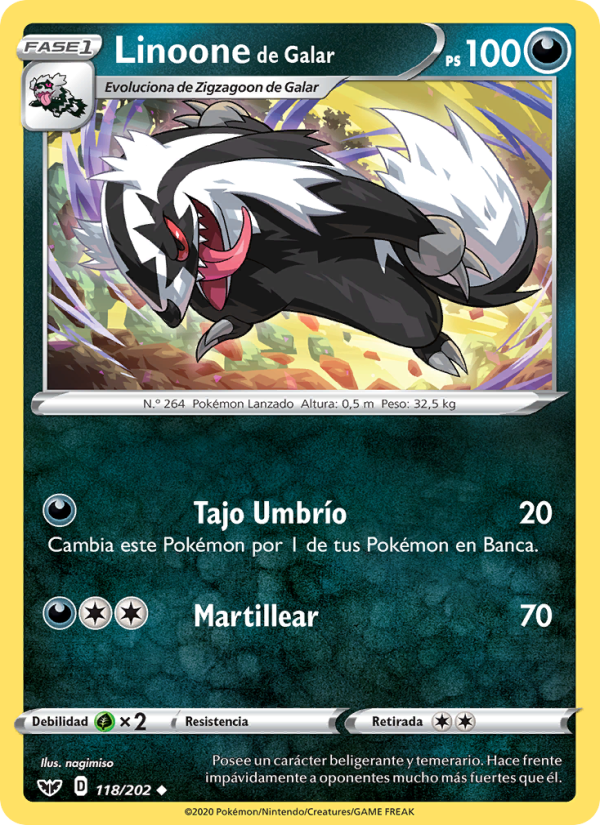 Linoone de Galar 118 — Sword & Shield (Spanish Pokémon TCG card)