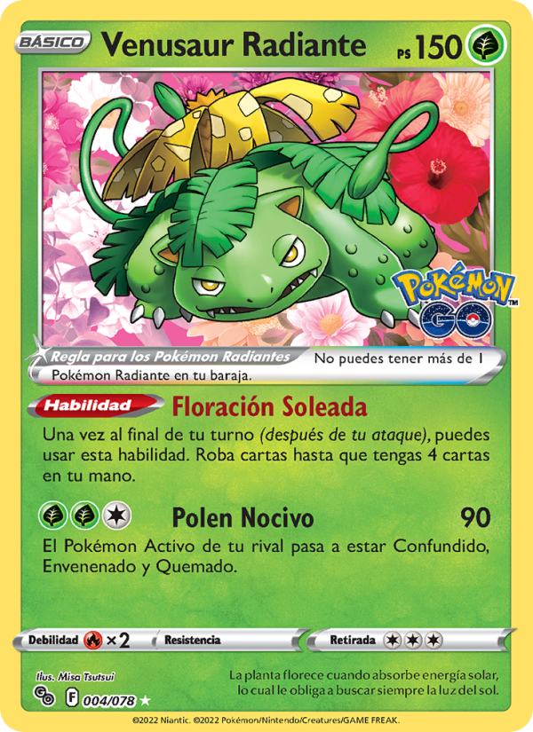 Venusaur Radiante 004 — Pokémon GO (Spanish Pokémon TCG card)