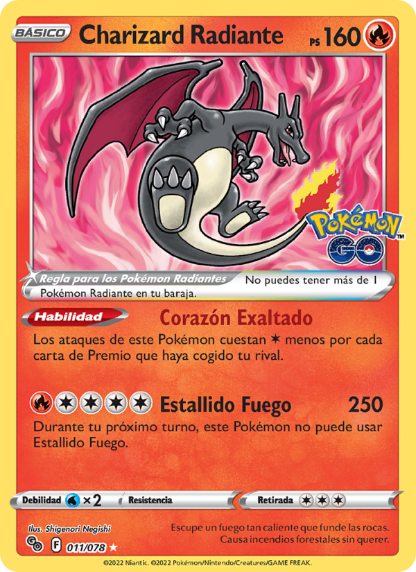 Charizard Radiante 011 — Pokémon GO (Spanish Pokémon TCG card)
