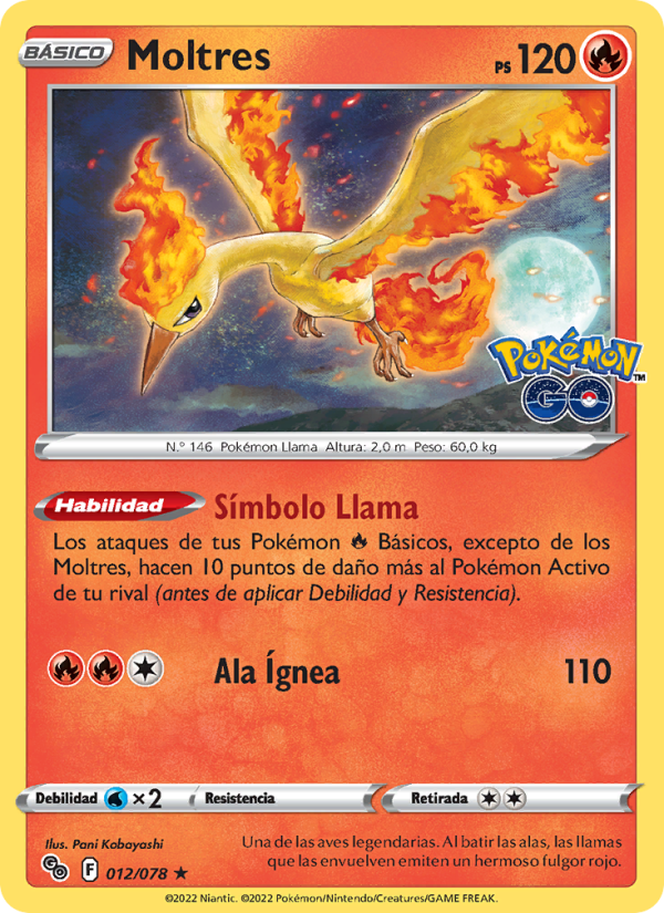 Moltres 012 — Pokémon GO (Spanish Pokémon TCG card)