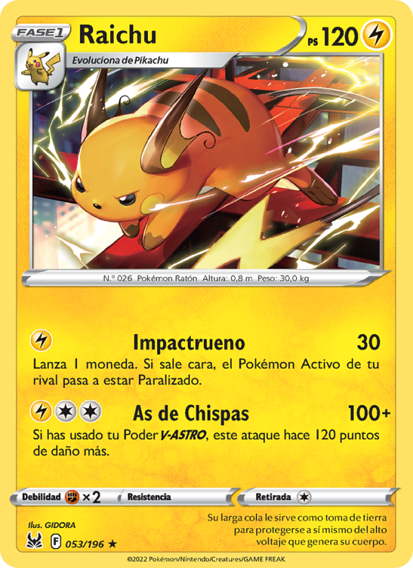 Raichu 053 — Lost Origin (Spanish Pokémon TCG card)