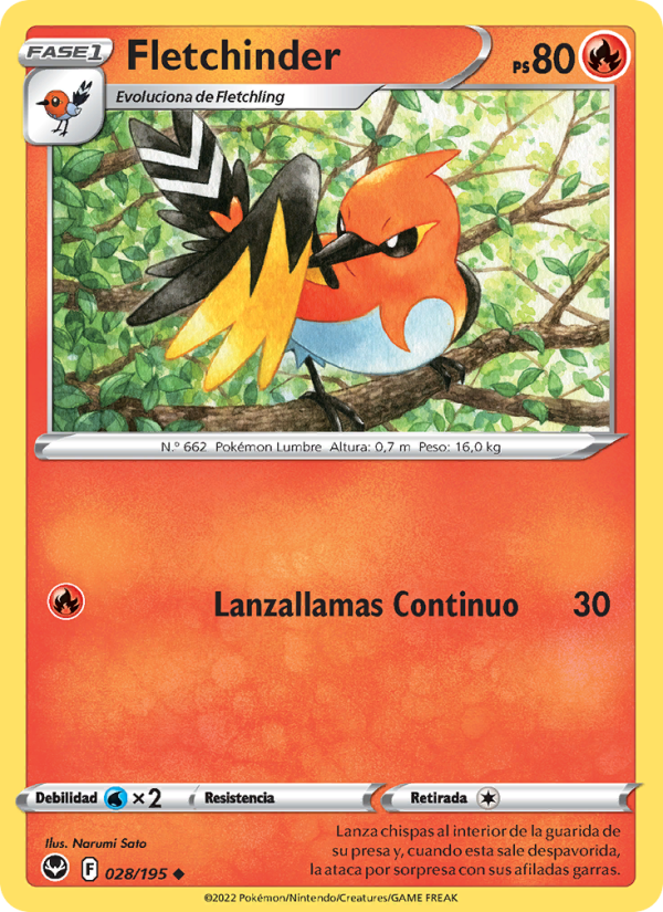 Fletchinder 028 — Silver Tempest (Spanish Pokémon TCG card)