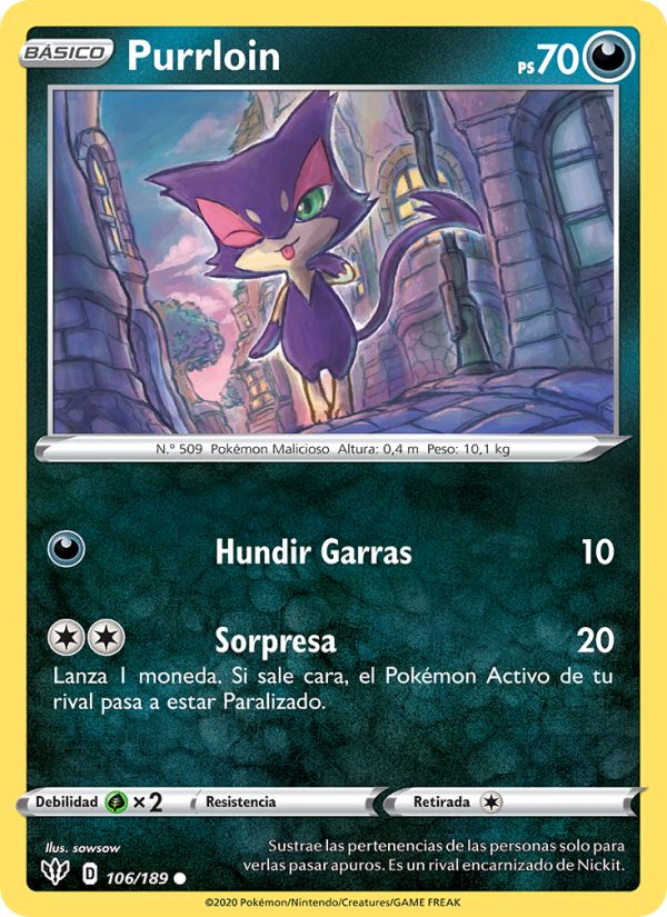 Purrloin 106 — Darkness Ablaze (Spanish Pokémon TCG card)
