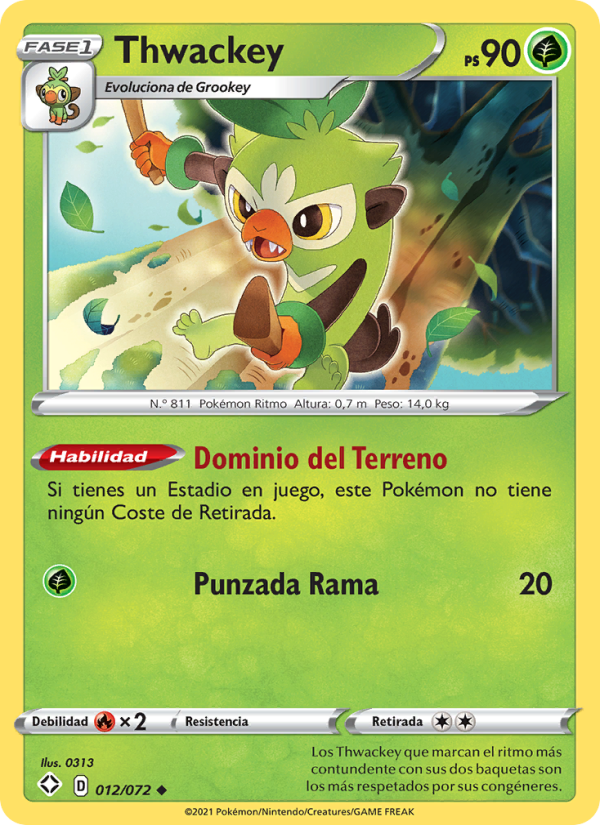 Thwackey 12 — Glänzendes Schicksal (Spanish Pokémon TCG card)