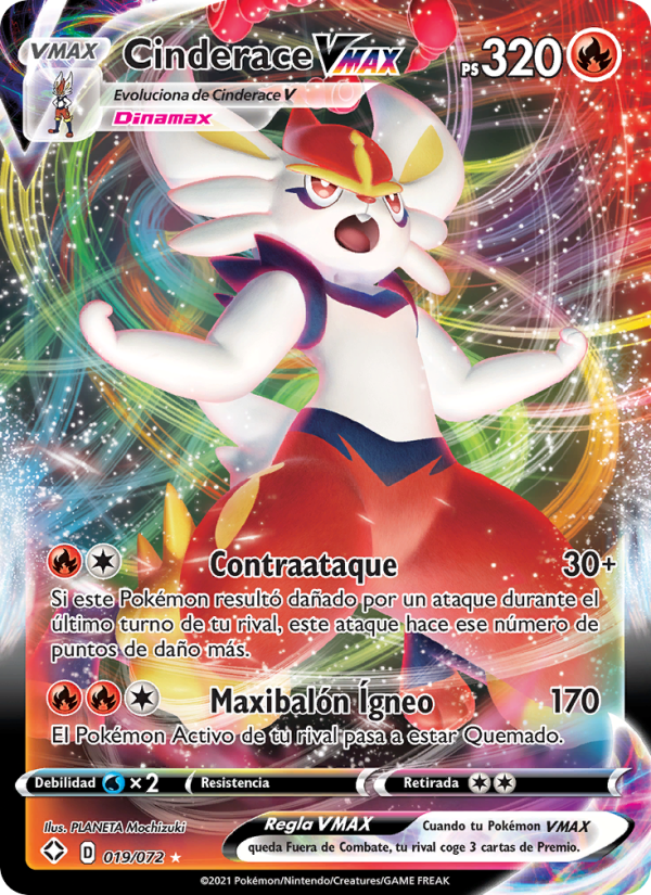 Cinderace VMAX 19 — Glänzendes Schicksal (Spanish Pokémon TCG card)