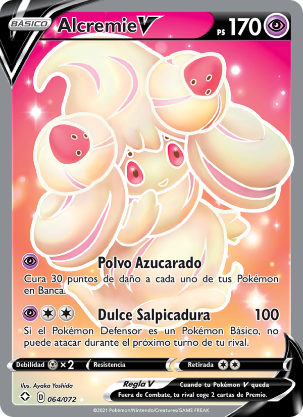 Alcremie V 64 — Glänzendes Schicksal (Spanish Pokémon TCG card)