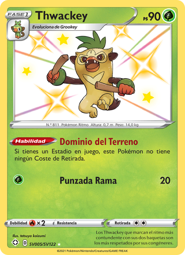 Thwackey SV005 — Glänzendes Schicksal (Spanish Pokémon TCG card)