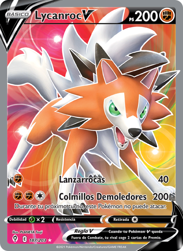 Lycanroc V 187 — Evolving Skies (Spanish Pokémon TCG card)