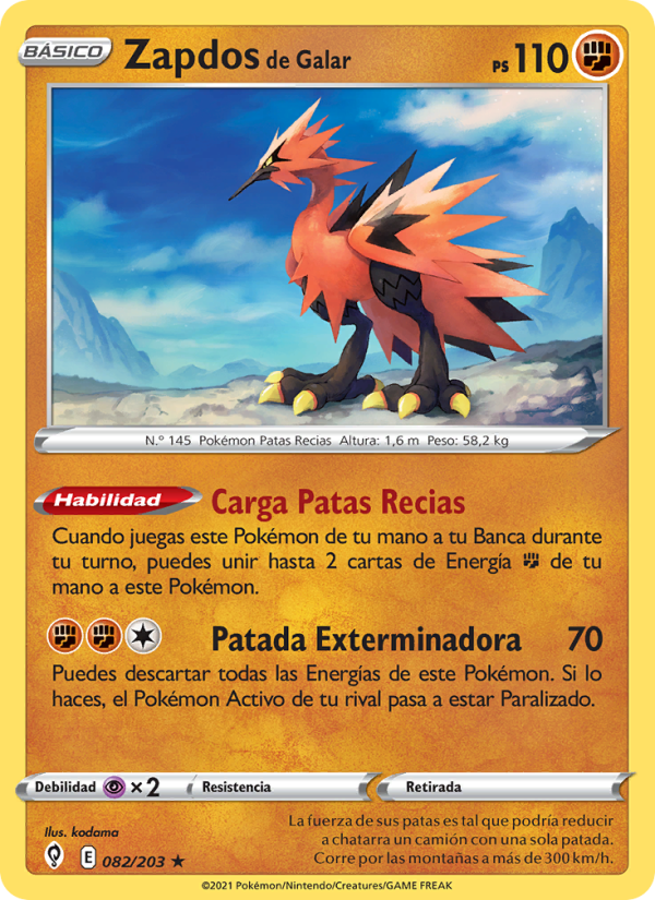 Zapdos de Galar 82 — Evolving Skies (Spanish Pokémon TCG card)