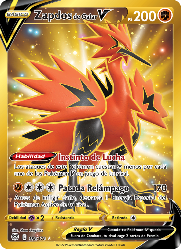 Zapdos de Galar V 182 — Brilliant Stars (Spanish Pokémon TCG card)