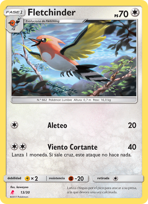 Fletchinder 13 — SM trainer Kit (Lycanroc) (Spanish Pokémon TCG card)