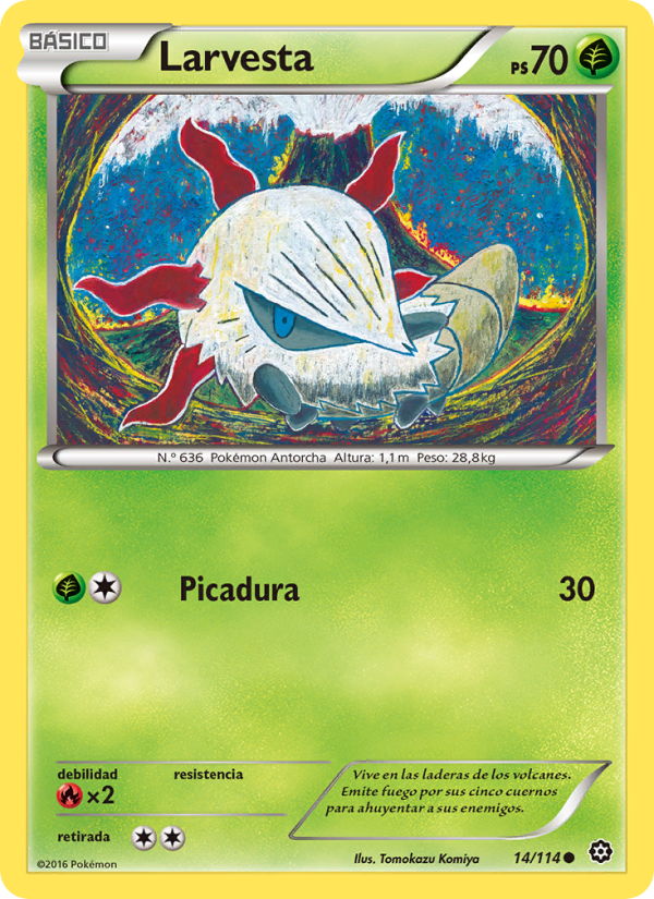 Larvesta 14 — Steam Siege (Spanish Pokémon TCG card)