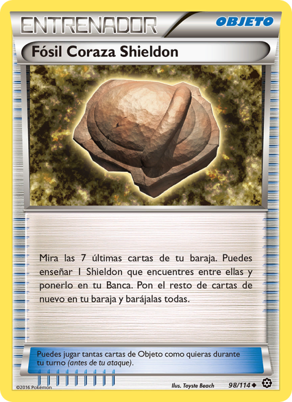 Fósil Coraza Shieldon 98 — Steam Siege (Spanish Pokémon TCG card)