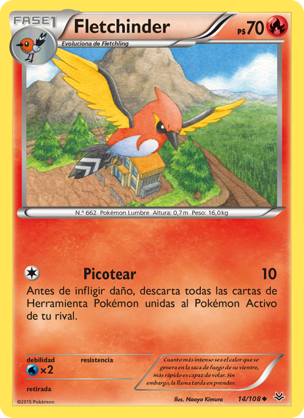 Fletchinder 14 — Roaring Skies (Spanish Pokémon TCG card)