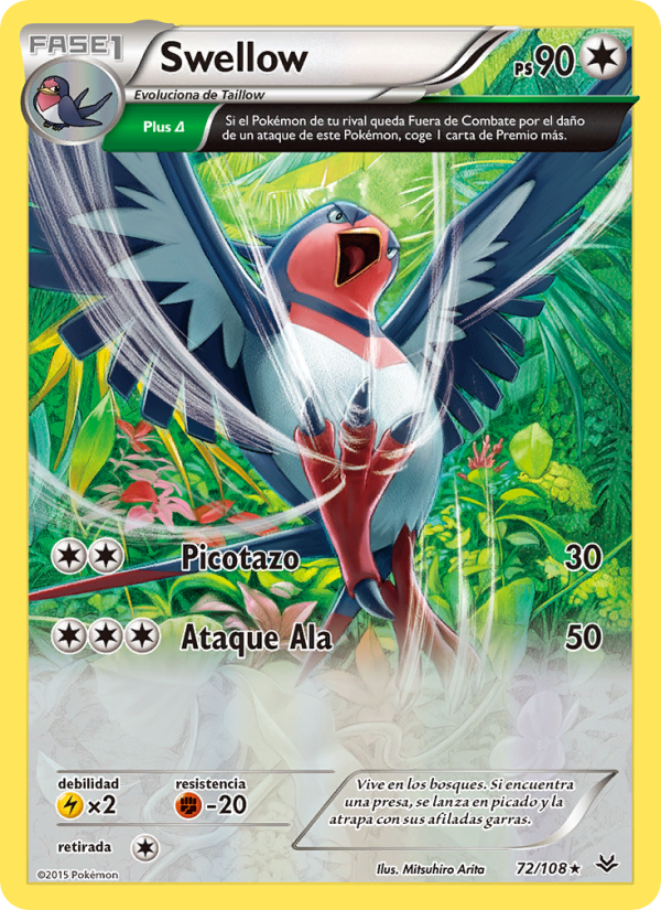 Swellow 72 — Roaring Skies (Spanish Pokémon TCG card)