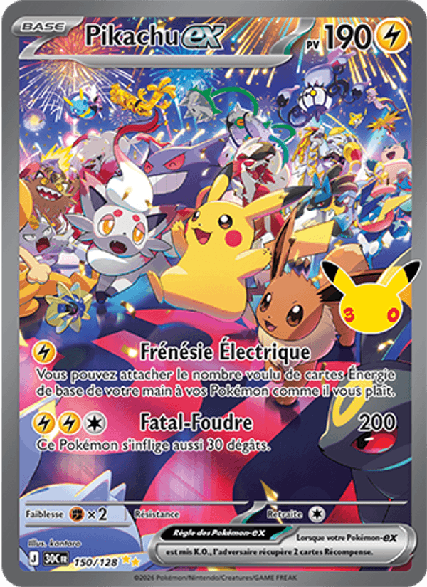 Pikachu-ex 150 — 30 Jahre (French Pokémon TCG card)