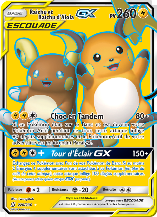 Raichu et Raichu d’Alola GX 220 — Unified Minds (French Pokémon TCG card)