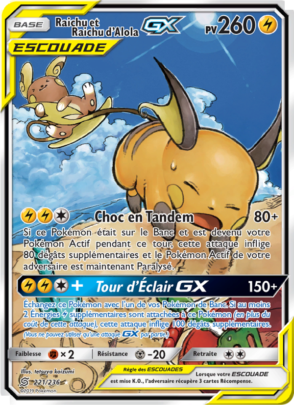Raichu et Raichu d’Alola GX 221 — Unified Minds (French Pokémon TCG card)