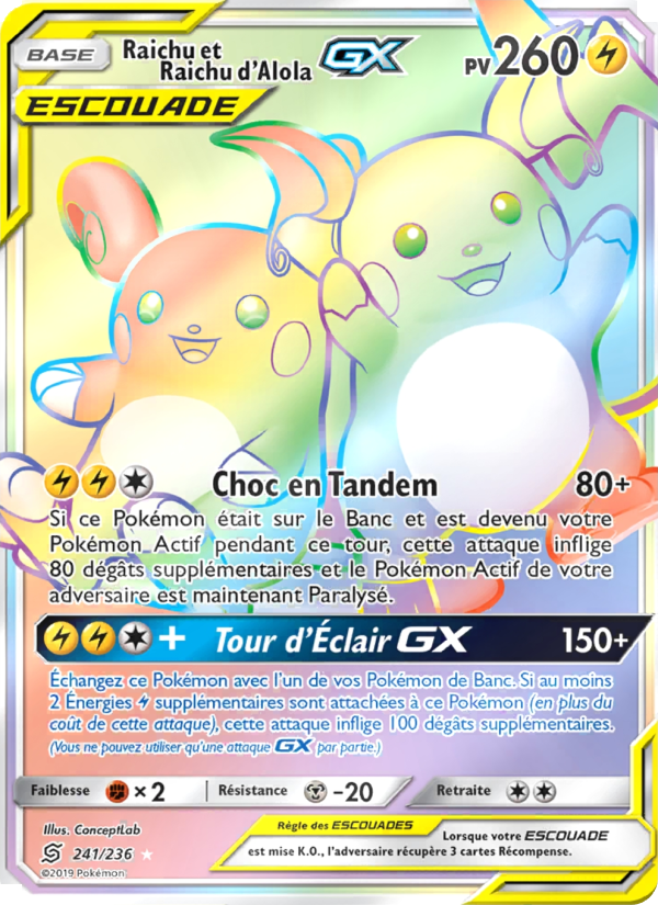 Raichu et Raichu d’Alola GX 241 — Unified Minds (French Pokémon TCG card)