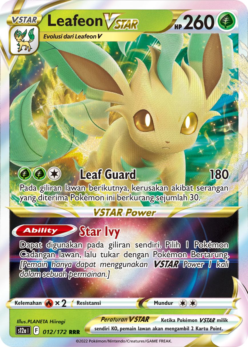 Leafeon VSTAR 012/172 — VSTAR Semesta (Indonesian Pokémon TCG card)