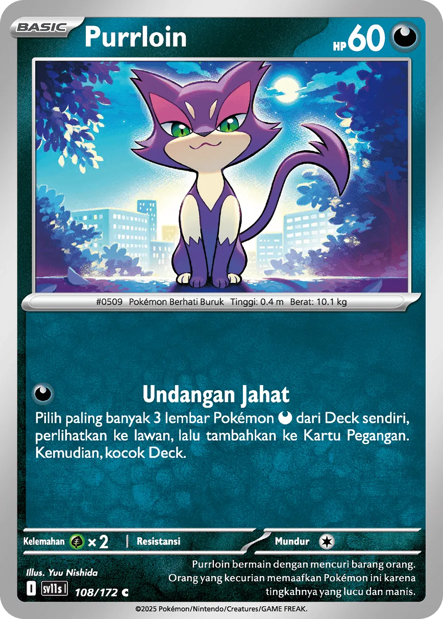 Purrloin 108 — Black And White (Indonesian Pokémon TCG card)
