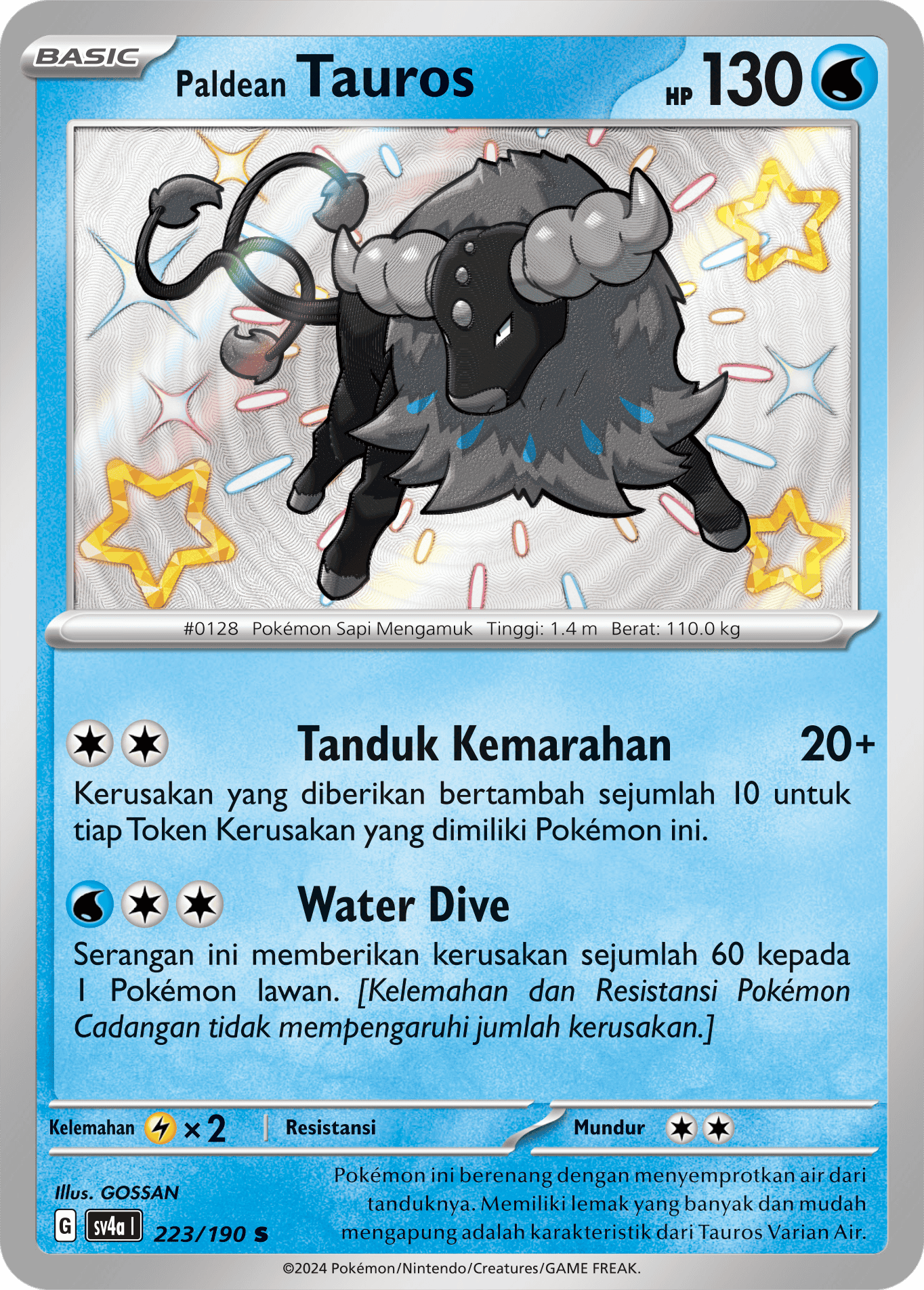 Paldean Tauros 223 — Harta Berkilau ex (Indonesian Pokémon TCG card)