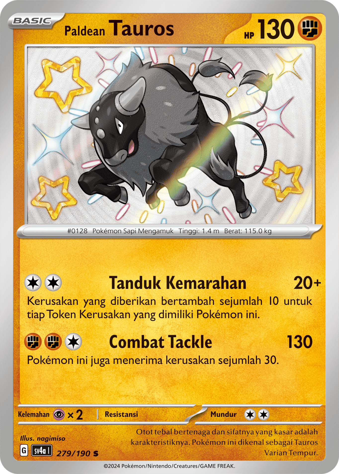 Paldean Tauros 279 — Harta Berkilau ex (Indonesian Pokémon TCG card)