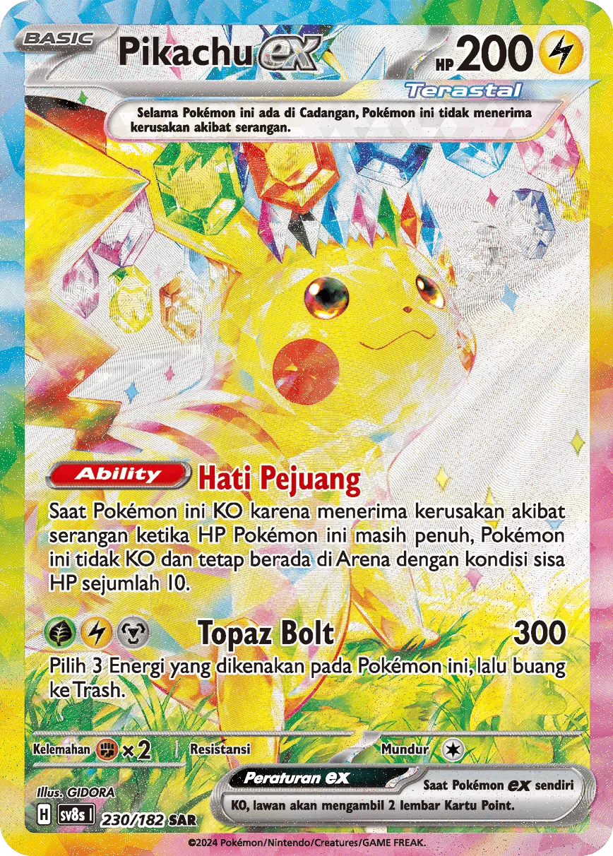 Pikachu ex 230 (Indonesian Pokémon TCG card)