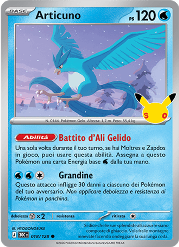 Articuno 018 — 30° Anniversario (Italian Pokémon TCG card)