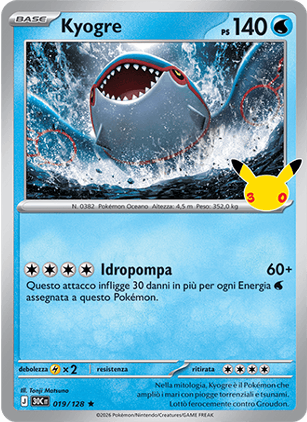 Kyogre 019 — 30° Anniversario (Italian Pokémon TCG card)